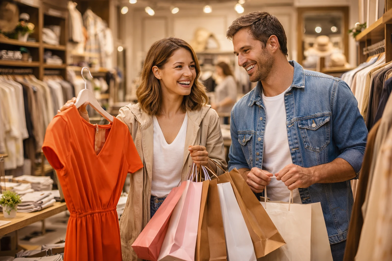 Couple en boutique à Serris avec une robe de princesse